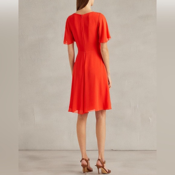 Lauren Ralph Lauren Zippered Pleated Sheer Lined Red Flutter Sleeve Midi Dress - Picture 2 of 4